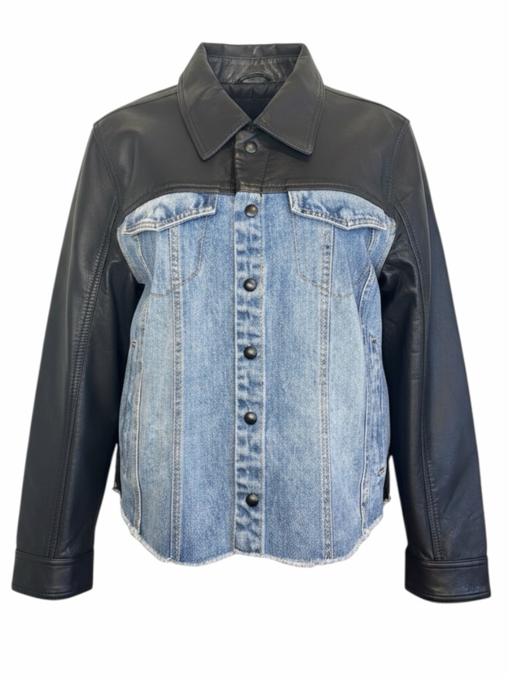 NWT BLANKNYC Mixed Media Denim & Vegan Leather Trucker Jacket Raw Hem Size L